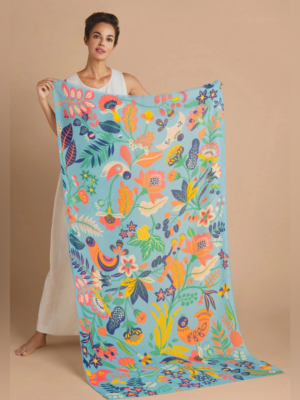 Powder Printed Scandinavian Floral And Fauna Scarf, Aqua